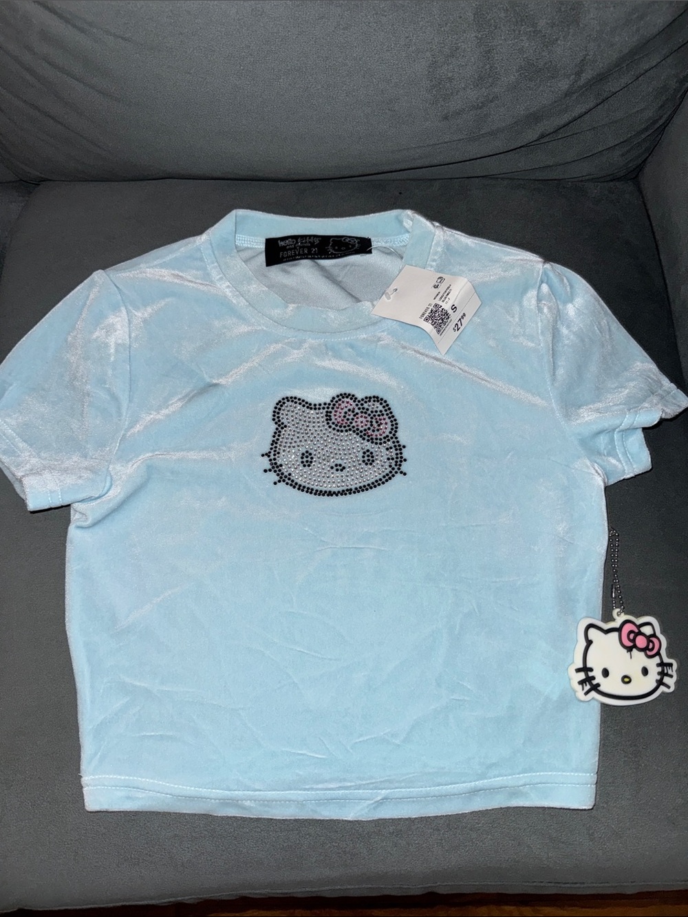 Hello Kitty Baby Blue Velvet Short Sleeve Tee with Rhinestone Logo